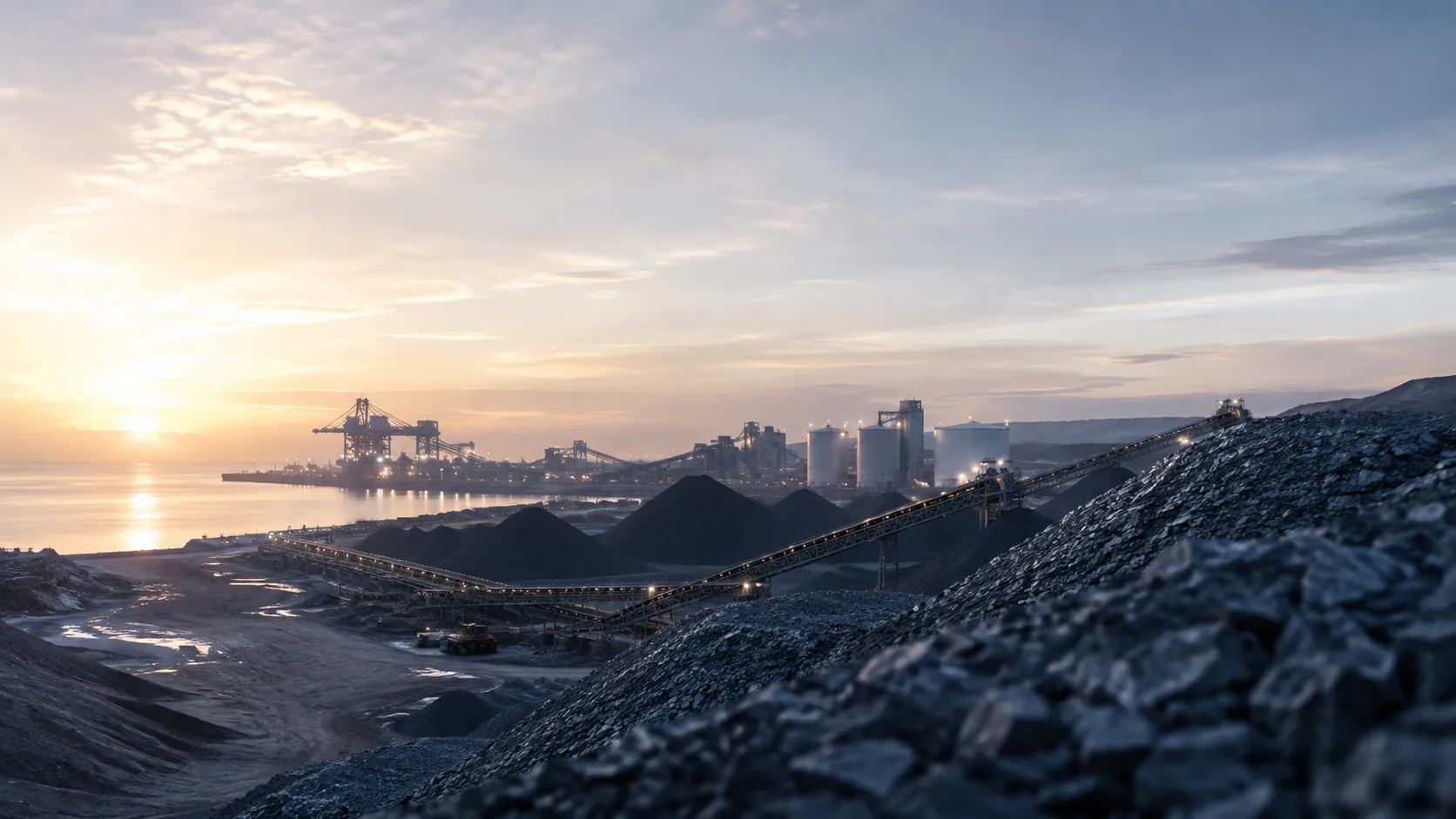 Strategic materials processing facility at dusk